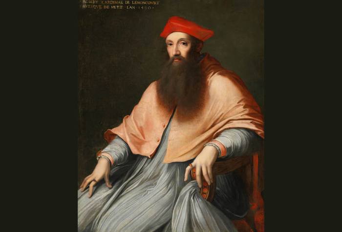 Portrait of Cardinal Reginald Pole sitting in a chair, wearing a Cardinal's gown