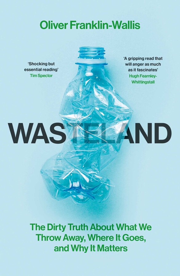 Book cover of Wasteland. Light blue background and in the foreground a squeezed empty plastic bottle