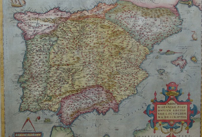 An old hand-drawn map of the Iberian peninsula and its political entities
