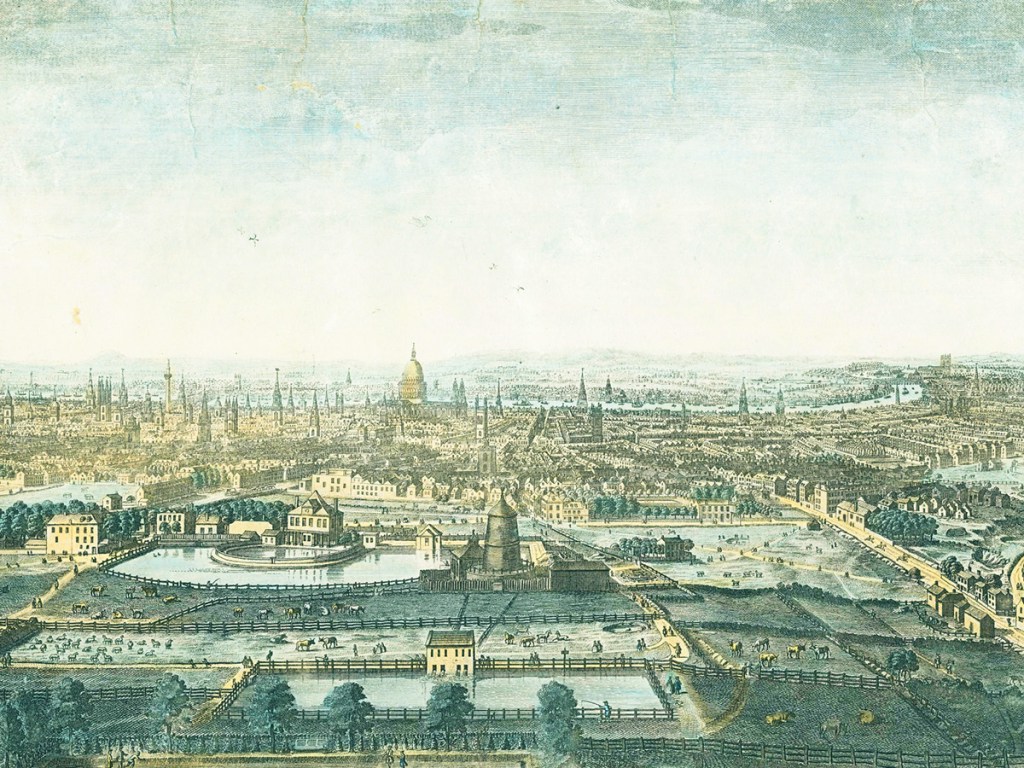 Panoramic view of London as seen from the Bowling Green at Islington, mid-18th century