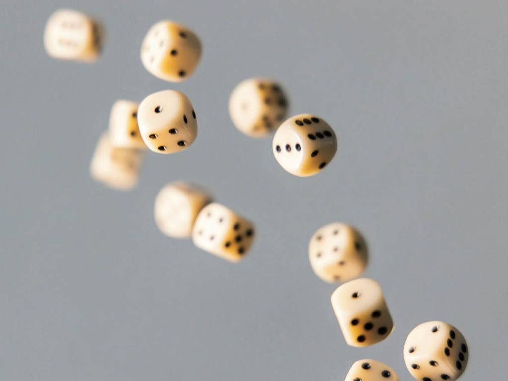 A number of dices, suspended in the air, in front of a light grey background.